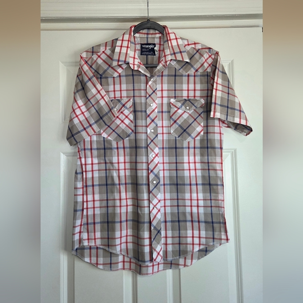 Wrangler Cowboy Cut Tan Plaid Short Sleeve Pearl Snap Button Down - Size 15 1/2